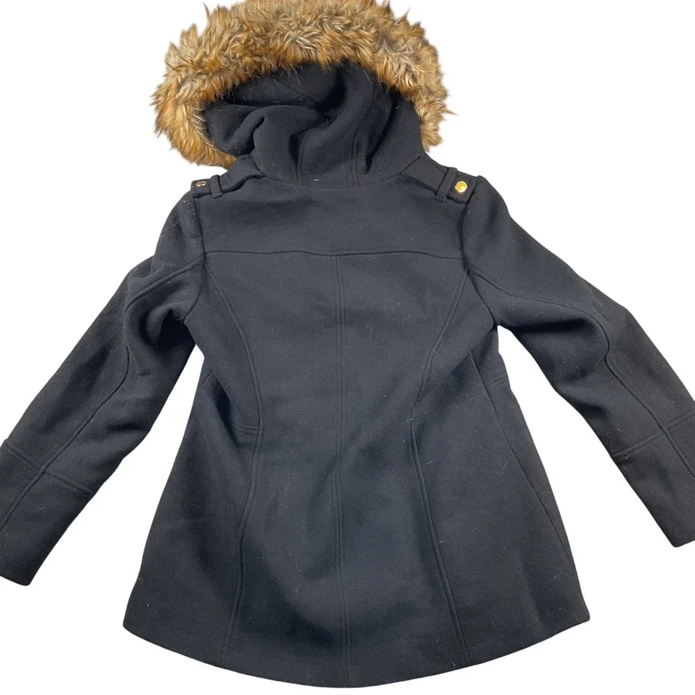 Michael Kors Womens Black Wool Blend Faux Fur Hooded Military‎ Coat Size 12
